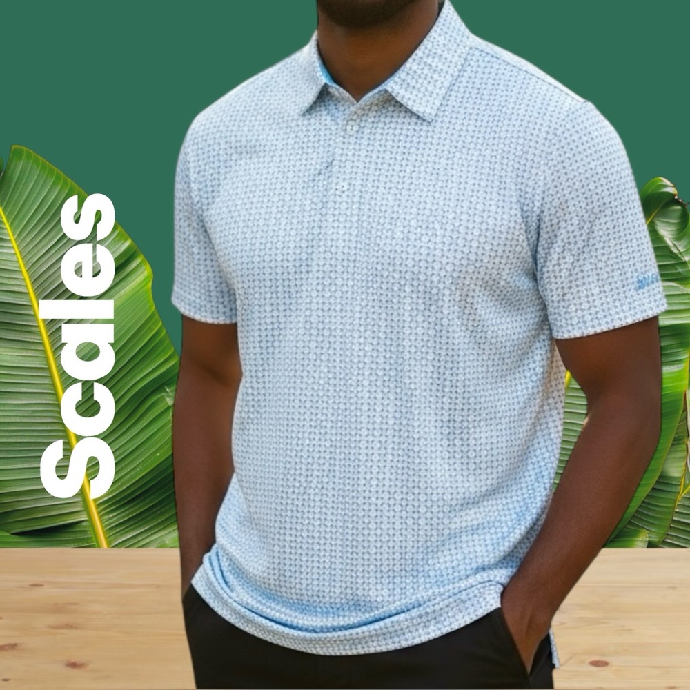 Scales Gear Golf Polo 50+ Clubhouse Collection Blue Geometry Print Shirt NWOT